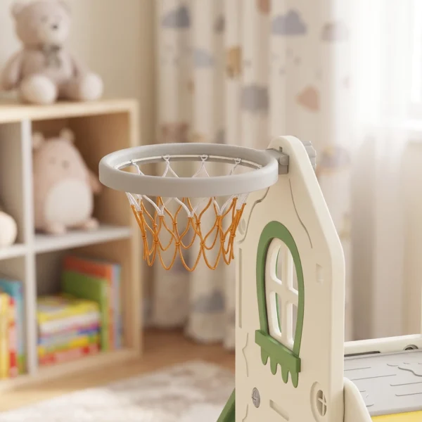 Opvouwbare 4 in 1 Peuterglijbaan Met Klimonderdeel, Basketbalring, Opbergruimte En Basketbal Voor Kinderen Van 1 3 Jaar, Crèmewit