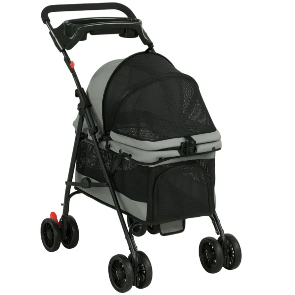 Opvouwbare Hondenwagen Met Kussen, Netvensters, Drankhouder, 360° Draaibare Wielen Voor Kleine Honden Tot 10kg Grijs