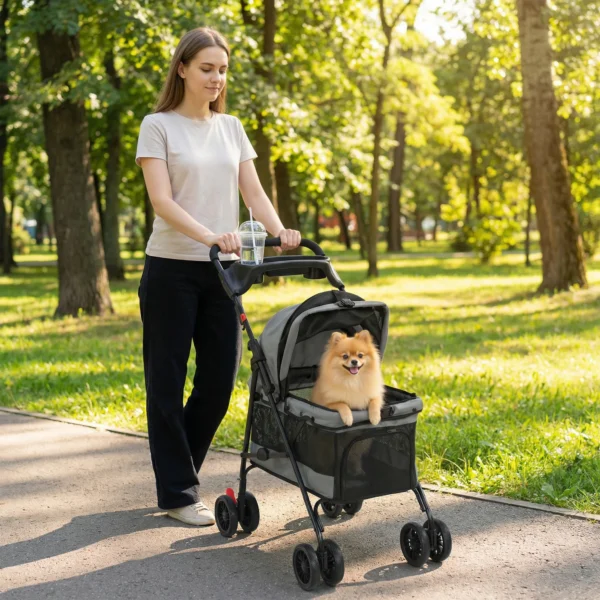 Opvouwbare Hondenwagen Met Kussen, Netvensters, Drankhouder, 360° Draaibare Wielen Voor Kleine Honden Tot 10kg Grijs