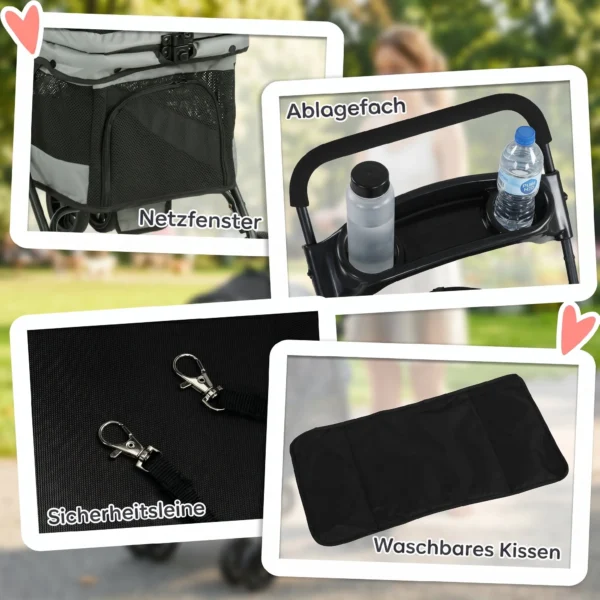 Opvouwbare Hondenwagen Met Kussen, Netvensters, Drankhouder, 360° Draaibare Wielen Voor Kleine Honden Tot 10kg Grijs