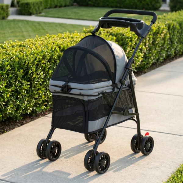 Opvouwbare Hondenwagen Met Kussen, Netvensters, Drankhouder, 360° Draaibare Wielen Voor Kleine Honden Tot 10kg Grijs
