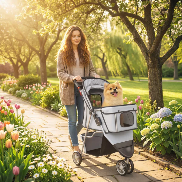 Opvouwbare Hondenwagen Met Opbergmand, Kussen, Netvenster, Drankhouder Voor Kleine Honden Tot 10kg Grijs