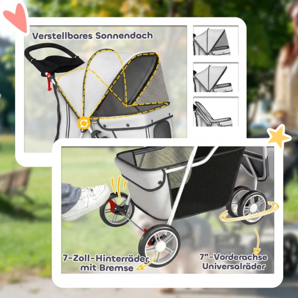 Opvouwbare Hondenwagen Met Opbergmand, Kussen, Netvenster, Drankhouder Voor Kleine Honden Tot 10kg Grijs