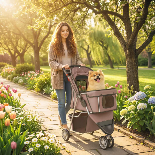 Opvouwbare Hondenwagen Met Opbergmand, Kussen, Netvenster, Drankhouder Voor Kleine Honden Tot 10kg, Koffiekleur