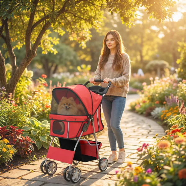 Opvouwbare Hondenwagen Met Reflecterende Strepen, Opbergmand En Kussen Voor Kleine Honden Tot 10 Kg 77x44x102cm Rood