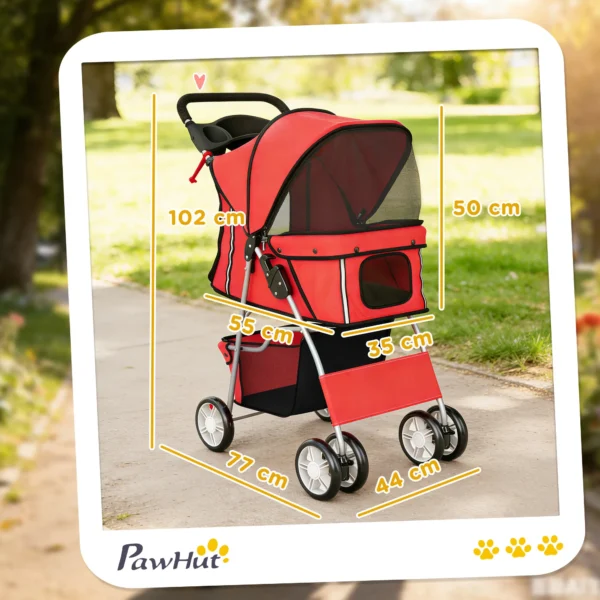 Opvouwbare Hondenwagen Met Reflecterende Strepen, Opbergmand En Kussen Voor Kleine Honden Tot 10 Kg 77x44x102cm Rood