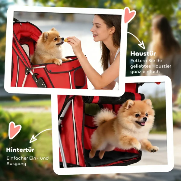 Opvouwbare Hondenwagen Met Reflecterende Strepen, Opbergmand En Kussen Voor Kleine Honden Tot 10 Kg 77x44x102cm Rood