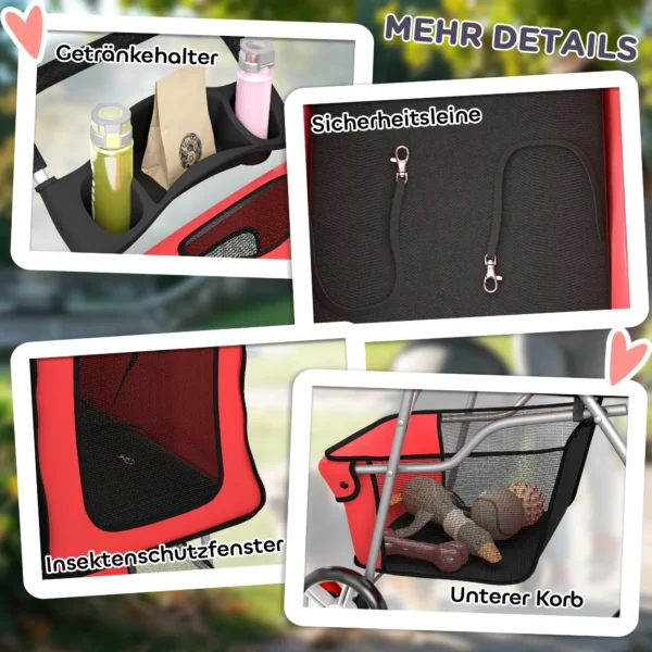 Opvouwbare Hondenwagen Met Reflecterende Strepen, Opbergmand En Kussen Voor Kleine Honden Tot 10 Kg 77x44x102cm Rood