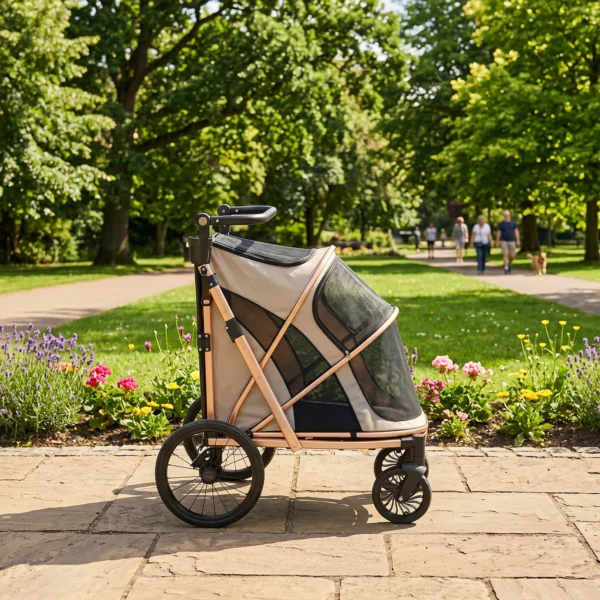 Opvouwbare Hondenwagen Voor Honden Tot 20 Kg Met 360° Draaiwielen, Netvensters, Kussen, Verstelbare Handgreep, Lichtbruin