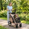Opvouwbare Hondenwagen Voor Honden Tot 20 Kg Met 360° Draaiwielen, Netvensters, Kussen, Verstelbare Handgreep, Lichtbruin