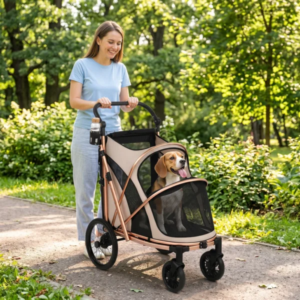 Opvouwbare Hondenwagen Voor Honden Tot 20 Kg Met 360° Draaiwielen, Netvensters, Kussen, Verstelbare Handgreep, Lichtbruin