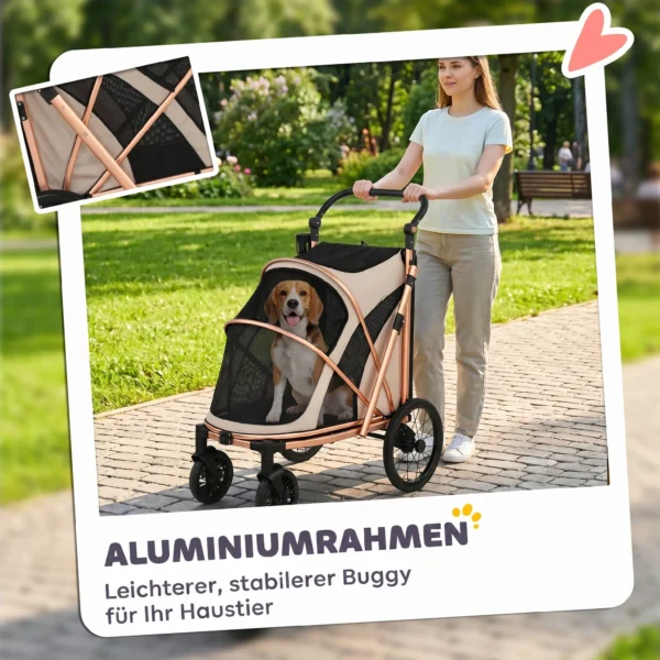 Opvouwbare Hondenwagen Voor Honden Tot 20 Kg Met 360° Draaiwielen, Netvensters, Kussen, Verstelbare Handgreep, Lichtbruin