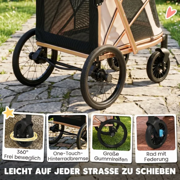Opvouwbare Hondenwagen Voor Honden Tot 20 Kg Met 360° Draaiwielen, Netvensters, Kussen, Verstelbare Handgreep, Lichtbruin