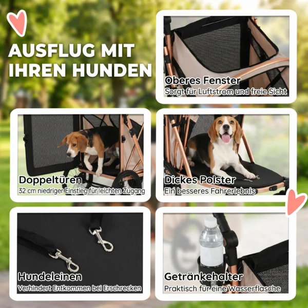 Opvouwbare Hondenwagen Voor Honden Tot 20 Kg Met 360° Draaiwielen, Netvensters, Kussen, Verstelbare Handgreep, Lichtbruin