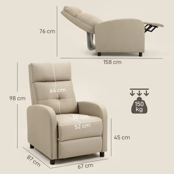 Relaxstoel Met Ligfunctie, Uitschuifbaar Voetgedeelte, Pocketvering, Tot 150 Kg, Beige