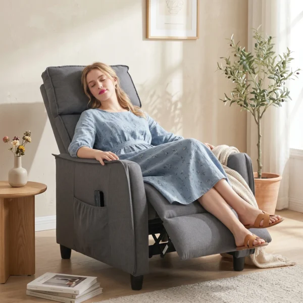 Relaxstoel Met Vibratiemassage, Linnen look, Inklapbaar Met Veerpolstering, Voetensteun, Grijs