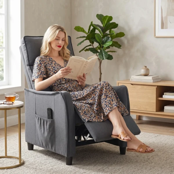 Relaxstoel Met Vibratiemassage, Linnen look, Inklapbaar Met Veerpolstering, Voetensteun, Grijs