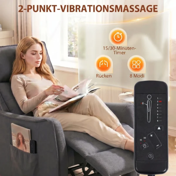 Relaxstoel Met Vibratiemassage, Linnen look, Inklapbaar Met Veerpolstering, Voetensteun, Grijs