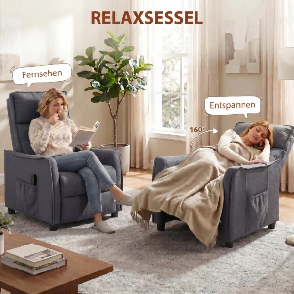 Relaxstoel Met Vibratiemassage, Linnen look, Inklapbaar Met Veerpolstering, Voetensteun, Grijs