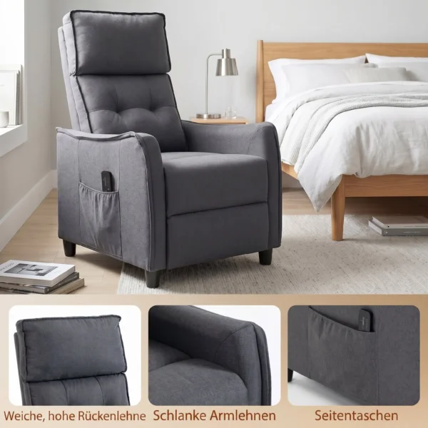 Relaxstoel Met Vibratiemassage, Linnen look, Inklapbaar Met Veerpolstering, Voetensteun, Grijs