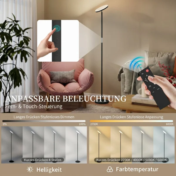 RGB Uplighter Staande Lamp, Dimbare Lamp Met Afstandsbediening & Touch Bediening, 350° Draaibare Kop, Zwart