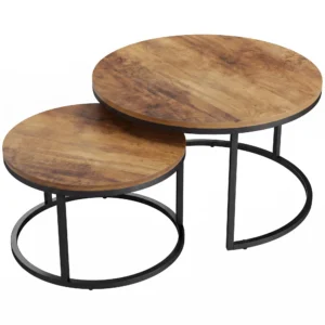 Rond Salontafelset, 2 delig, Industriële Bijzettafels Met Metalen Frame Voor Woonkamer En Slaapkamer, Bruin