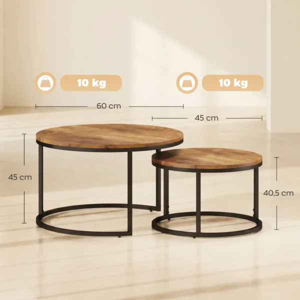Rond Salontafelset, 2 delig, Industriële Bijzettafels Met Metalen Frame Voor Woonkamer En Slaapkamer, Bruin