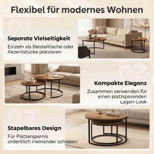 Rond Salontafelset, 2 delig, Industriële Bijzettafels Met Metalen Frame Voor Woonkamer En Slaapkamer, Bruin