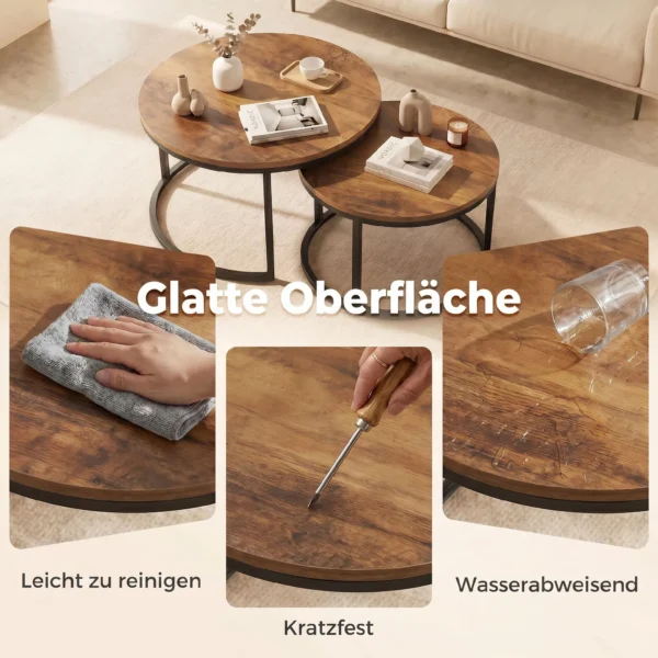 Rond Salontafelset, 2 delig, Industriële Bijzettafels Met Metalen Frame Voor Woonkamer En Slaapkamer, Bruin