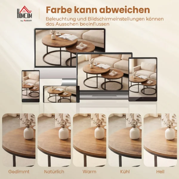 Rond Salontafelset, 2 delig, Industriële Bijzettafels Met Metalen Frame Voor Woonkamer En Slaapkamer, Bruin
