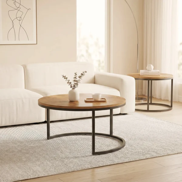 Rond Salontafelset, 2 delig, Industriële Bijzettafels Met Metalen Frame Voor Woonkamer En Slaapkamer, Bruin