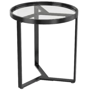 Ronde Bijzettafel Met Gehard Glazen Blad En Geometrisch Metalen Frame Voor Kleine Ruimtes, Zwart
