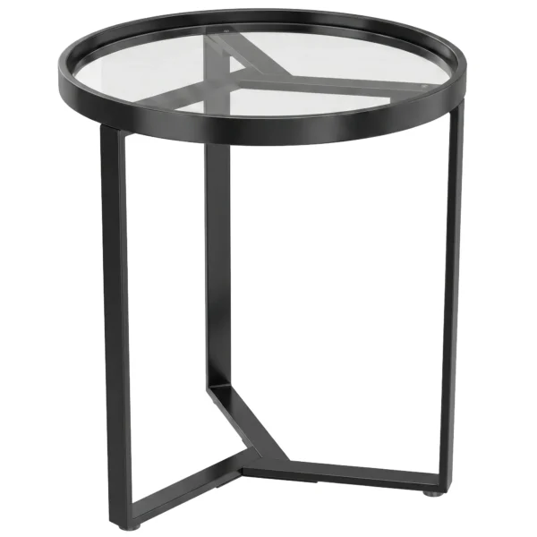 Ronde Bijzettafel Met Gehard Glazen Blad En Geometrisch Metalen Frame Voor Kleine Ruimtes, Zwart