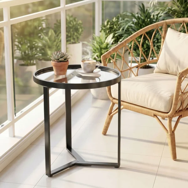 Ronde Bijzettafel Met Gehard Glazen Blad En Geometrisch Metalen Frame Voor Kleine Ruimtes, Zwart