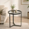 Ronde Bijzettafel Met Gehard Glazen Blad En Geometrisch Metalen Frame Voor Kleine Ruimtes, Zwart