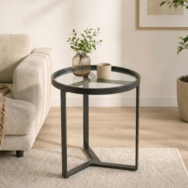 Ronde Bijzettafel Met Gehard Glazen Blad En Geometrisch Metalen Frame Voor Kleine Ruimtes, Zwart