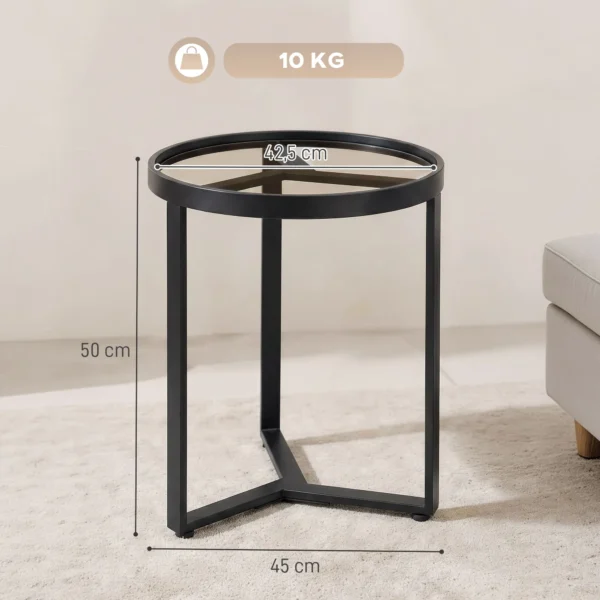 Ronde Bijzettafel Met Gehard Glazen Blad En Geometrisch Metalen Frame Voor Kleine Ruimtes, Zwart