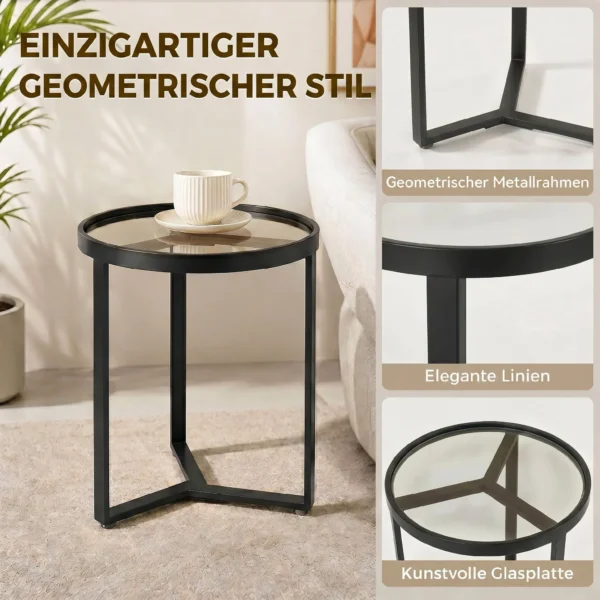 Ronde Bijzettafel Met Gehard Glazen Blad En Geometrisch Metalen Frame Voor Kleine Ruimtes, Zwart