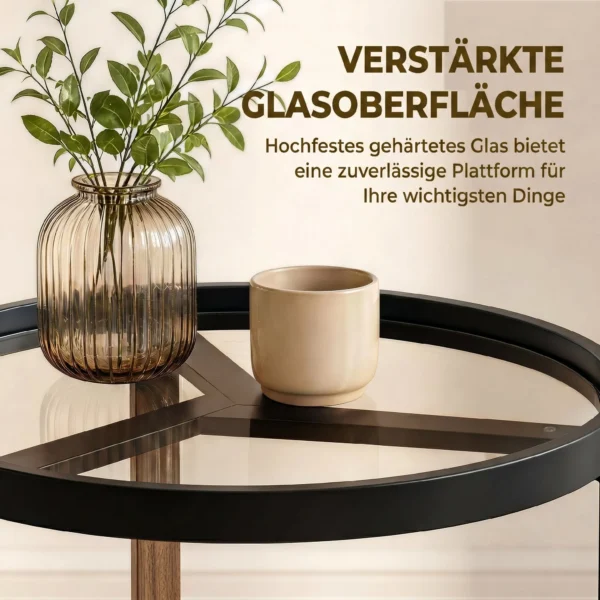 Ronde Bijzettafel Met Gehard Glazen Blad En Geometrisch Metalen Frame Voor Kleine Ruimtes, Zwart