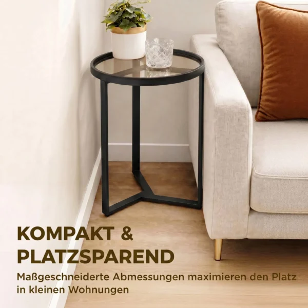 Ronde Bijzettafel Met Gehard Glazen Blad En Geometrisch Metalen Frame Voor Kleine Ruimtes, Zwart