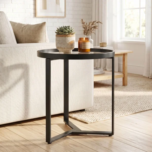Ronde Bijzettafel Met Gehard Glazen Blad En Geometrisch Metalen Frame Voor Kleine Ruimtes, Zwart
