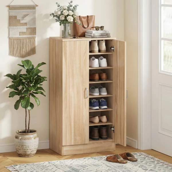 Schoenenkast Met 2 Deuren, 6 Verstelbare Planken, Soft close Scharnieren Voor 14 Paar Schoenen, Natuurhout