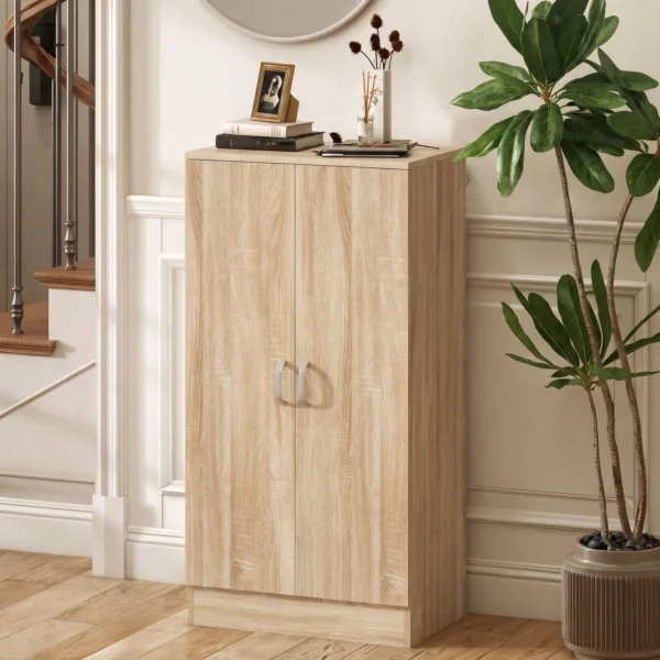 Schoenenkast Met 2 Deuren, 6 Verstelbare Planken, Soft close Scharnieren Voor 14 Paar Schoenen, Natuurhout