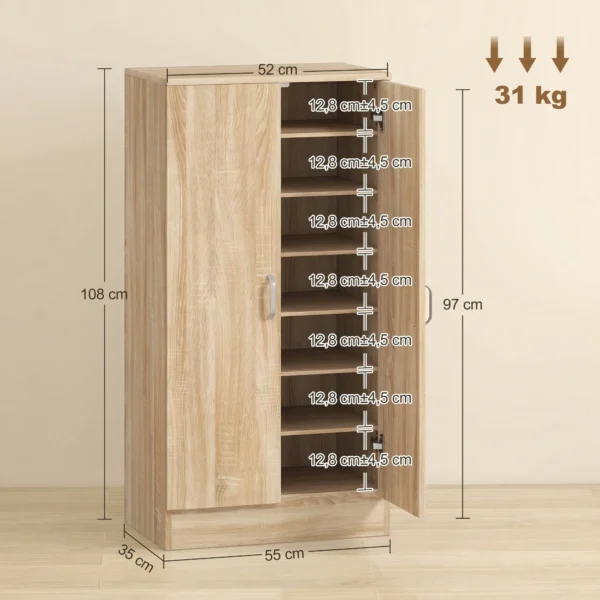 Schoenenkast Met 2 Deuren, 6 Verstelbare Planken, Soft close Scharnieren Voor 14 Paar Schoenen, Natuurhout