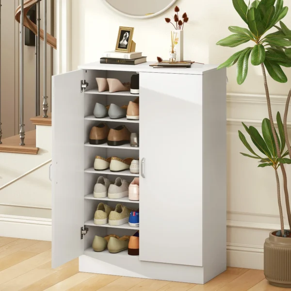 Schoenenkast Met 2 Deuren, 6 Verstelbare Planken, Soft close Scharnieren Voor 21 Paar, Wit
