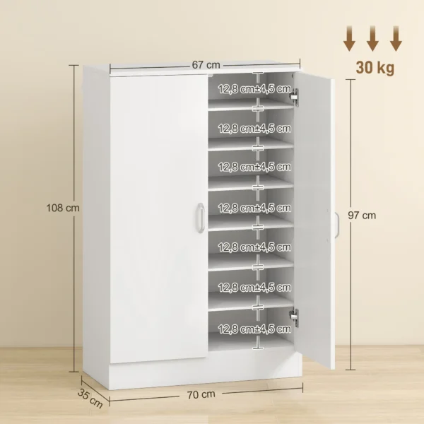 Schoenenkast Met 2 Deuren, 6 Verstelbare Planken, Soft close Scharnieren Voor 21 Paar, Wit