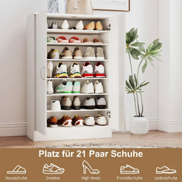 Schoenenkast Met 2 Deuren, 6 Verstelbare Planken, Soft close Scharnieren Voor 21 Paar, Wit