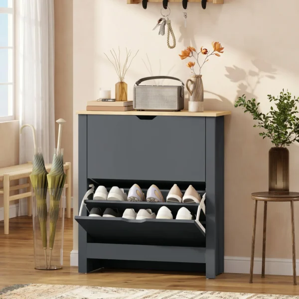 Schoenenkast Met 2 Klapvakken, Verstelbare Scheidingswand Voor 8 12 Paar Schoenen, 72 X 26 X 80 Cm, Donkergrijs