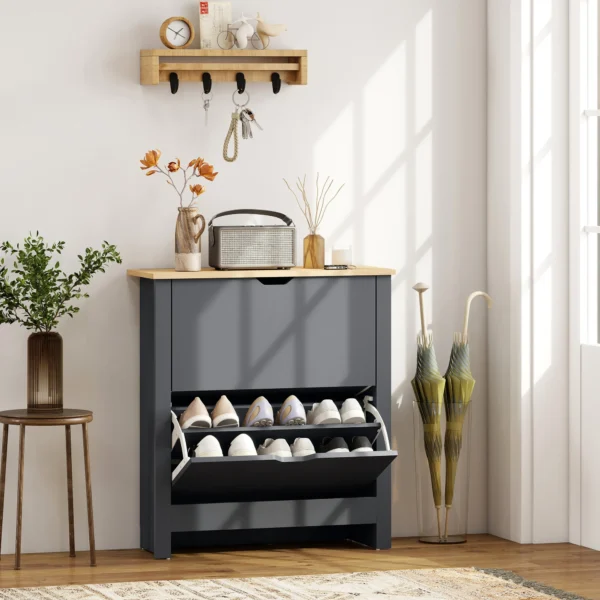 Schoenenkast Met 2 Klapvakken, Verstelbare Scheidingswand Voor 8 12 Paar Schoenen, 72 X 26 X 80 Cm, Donkergrijs