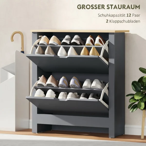 Schoenenkast Met 2 Klapvakken, Verstelbare Scheidingswand Voor 8 12 Paar Schoenen, 72 X 26 X 80 Cm, Donkergrijs
